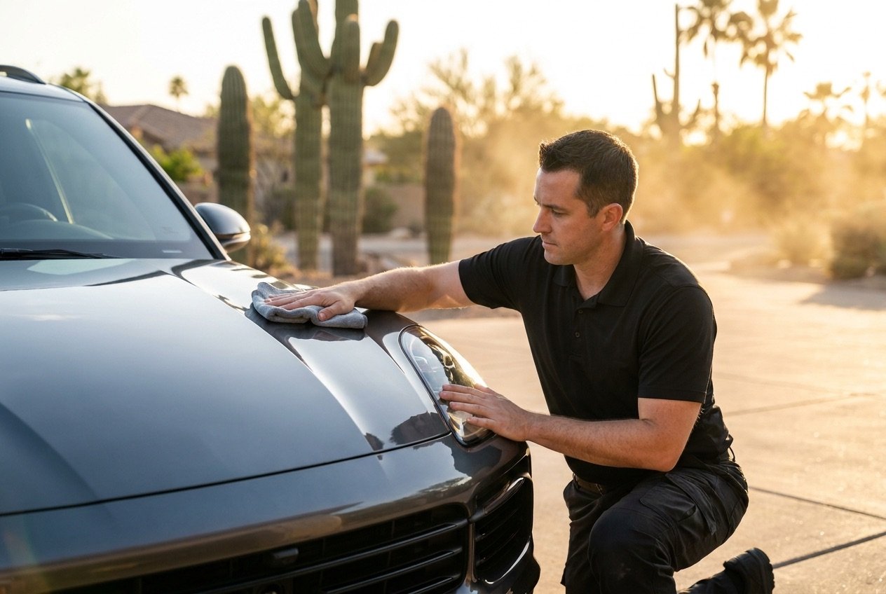 Detailer hand-finishing a glossy SUV hood at sunset in Scottsdale