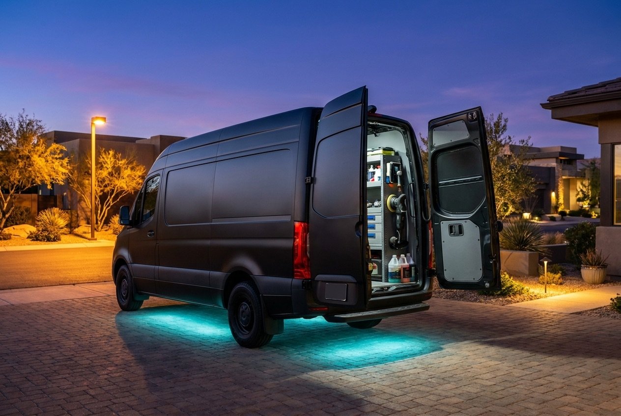 Halo Mobile Detailing van at dusk with cyan underglow and fully stocked rear doors open